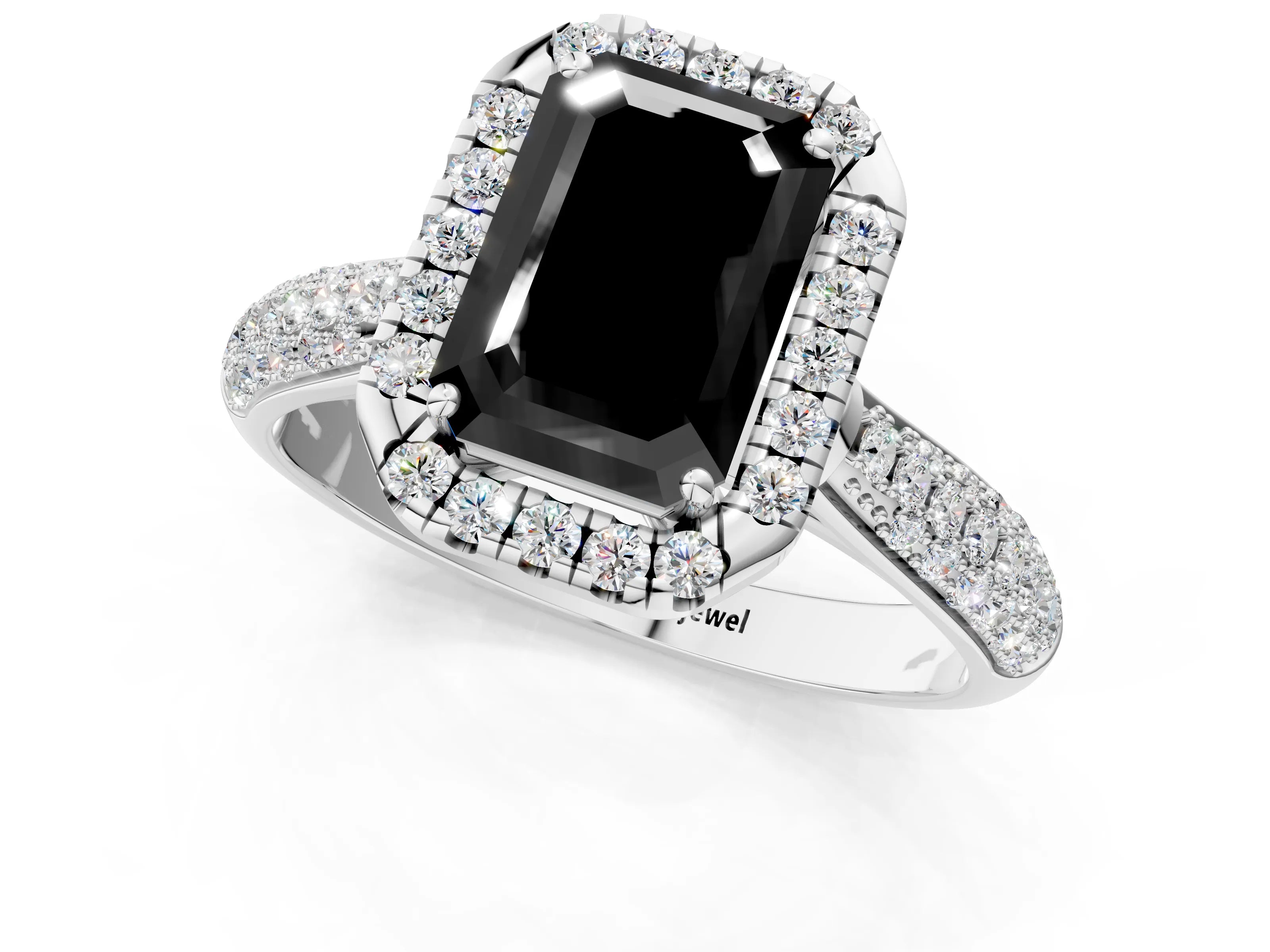 White gold Fancy Black Emerald Cut Halo Diamond Ring with Pavé Band_13