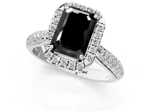 White gold Fancy Black Emerald Cut Halo Diamond Ring with Pavé Band_13