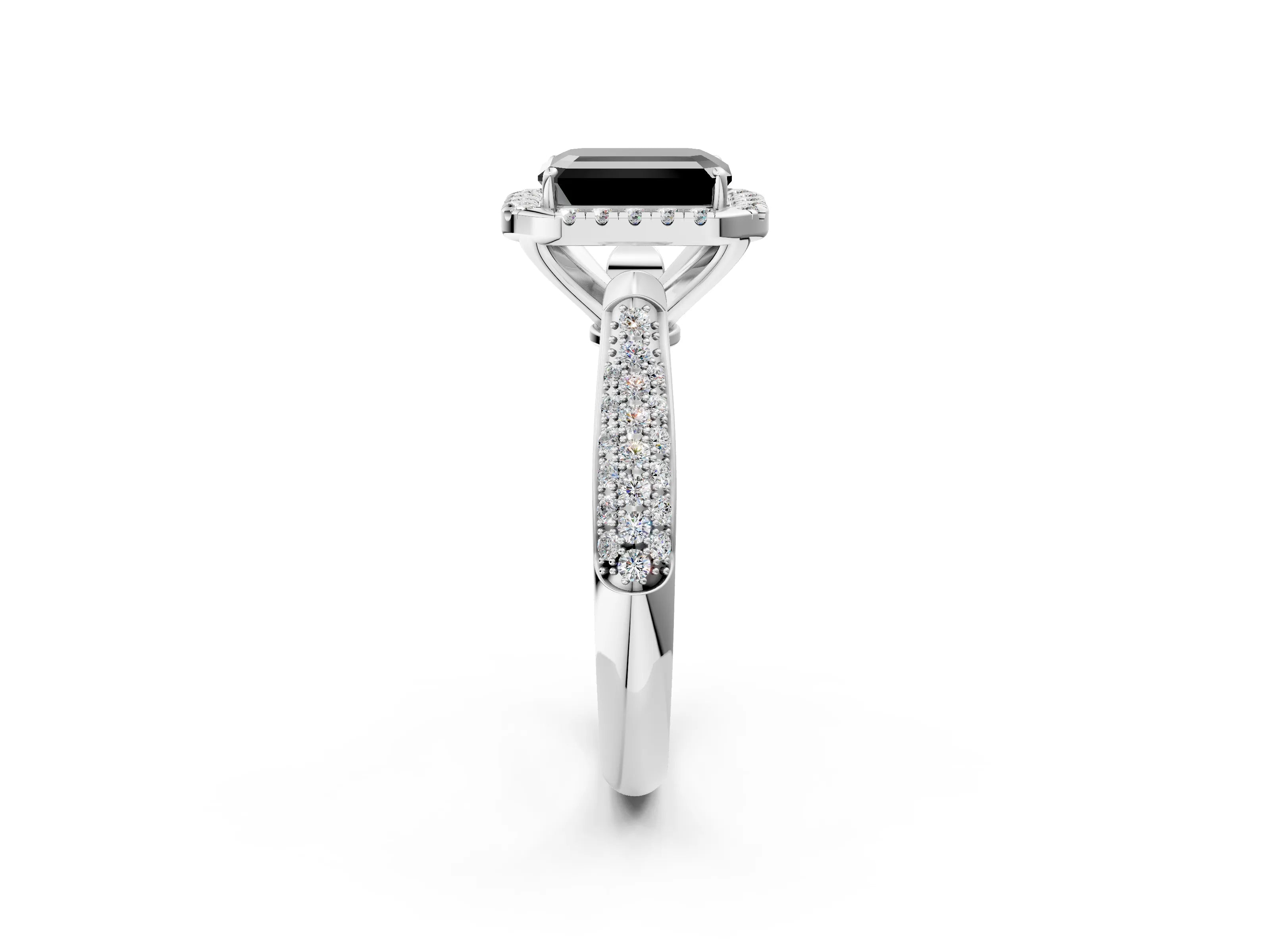 White gold Fancy Black Emerald Cut Halo Diamond Ring with Pavé Band_14