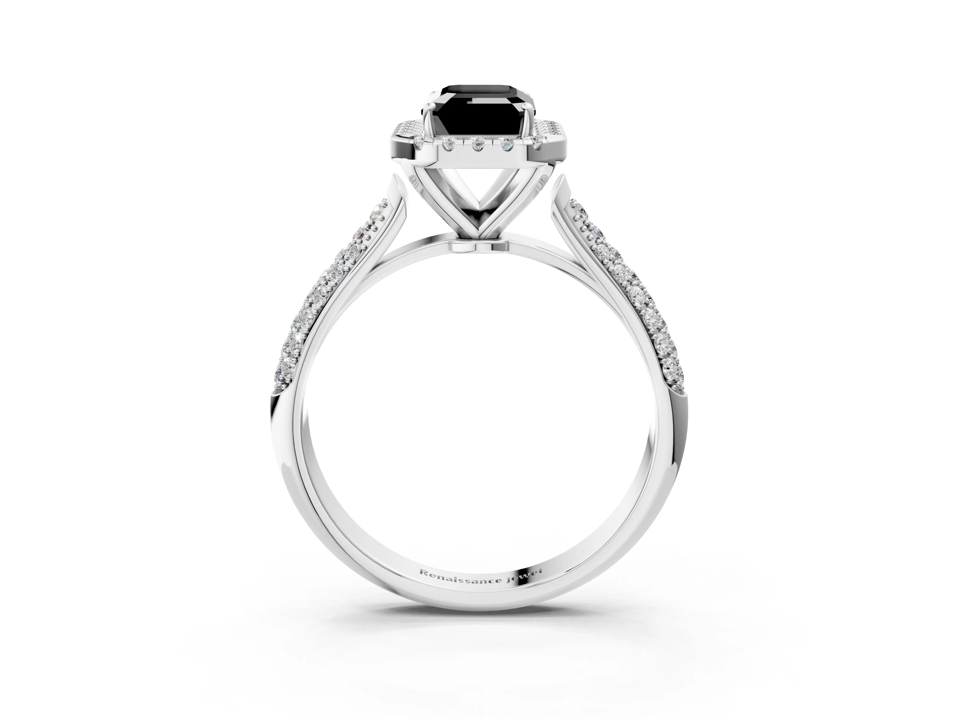 White gold Fancy Black Emerald Cut Halo Diamond Ring with Pavé Band_15