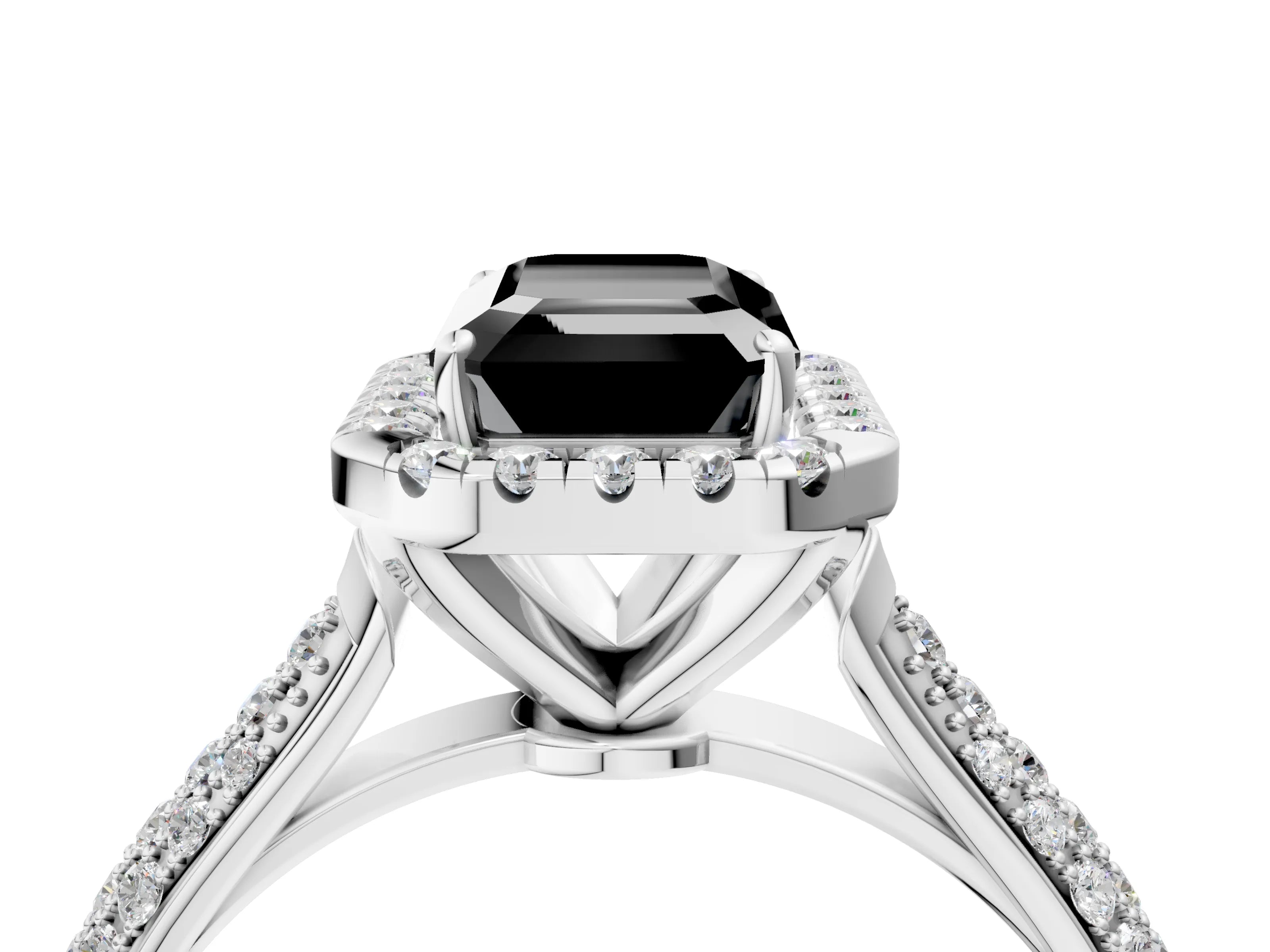 White gold Fancy Black Emerald Cut Halo Diamond Ring with Pavé Band_16