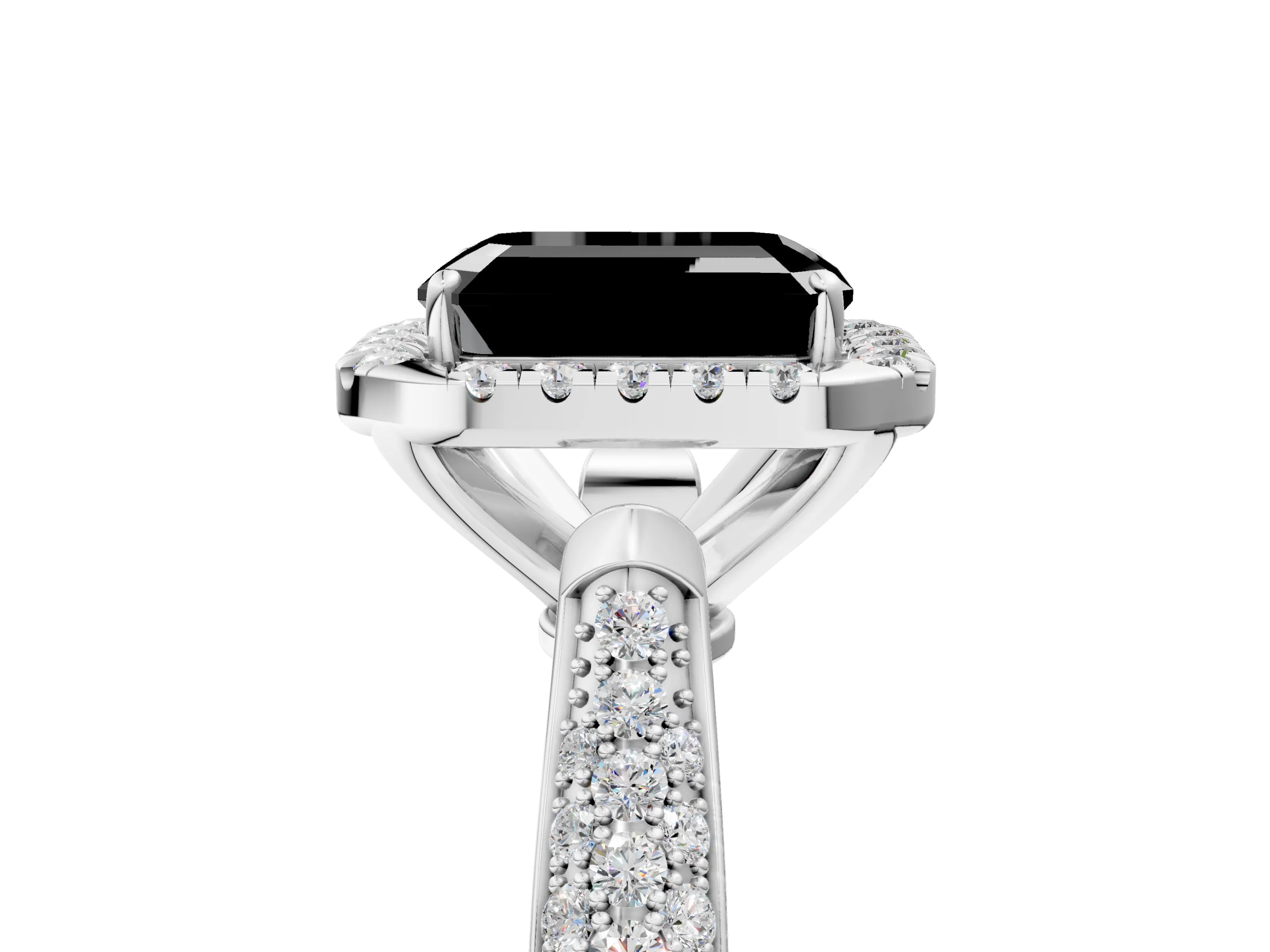 White gold Fancy Black Emerald Cut Halo Diamond Ring with Pavé Band_17