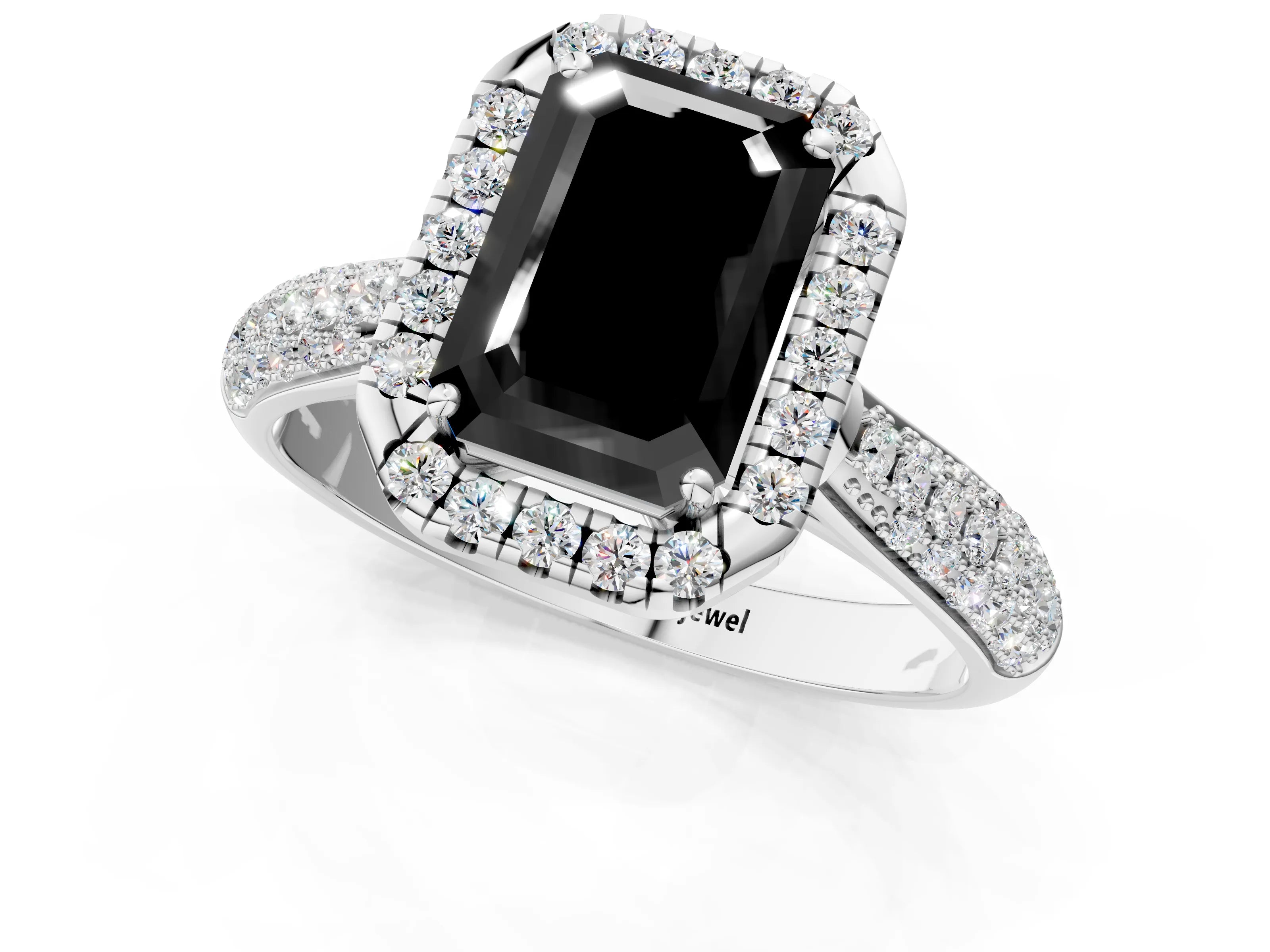 White gold Fancy Black Emerald Cut Halo Diamond Ring with Pavé Band_1