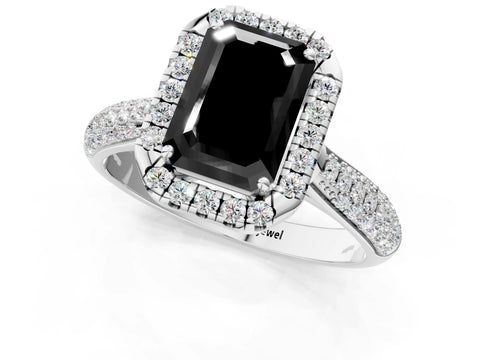 White gold Fancy Black Emerald Cut Halo Diamond Ring with Pavé Band_1