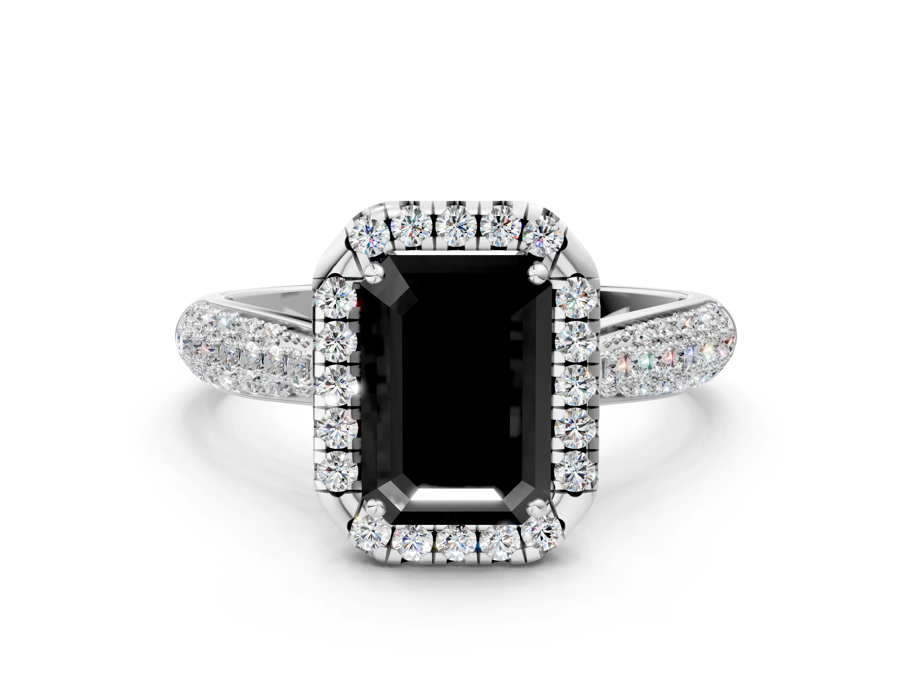 White gold Fancy Black Emerald Cut Halo Diamond Ring with Pavé Band