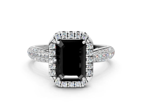 White gold Fancy Black Emerald Cut Halo Diamond Ring with Pavé Band