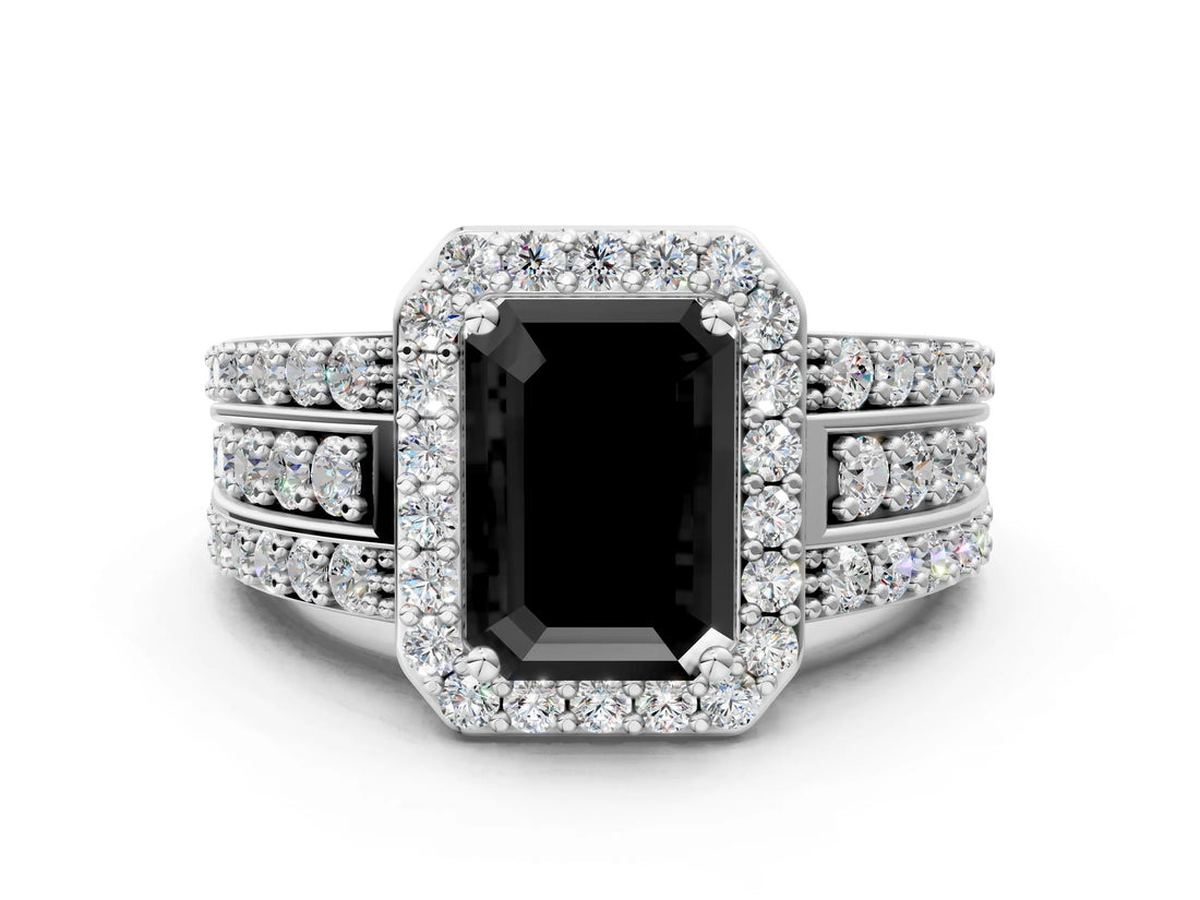 White gold Fancy Black Emerald Cut Halo Diamond Ring with Round  Split Shank and Prong Setting_48