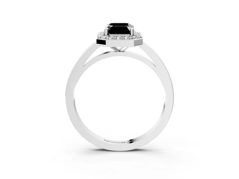 White gold Fancy Black Emerald Cut Halo Diamond Ring with Solitaire Band and Prong Setting_15
