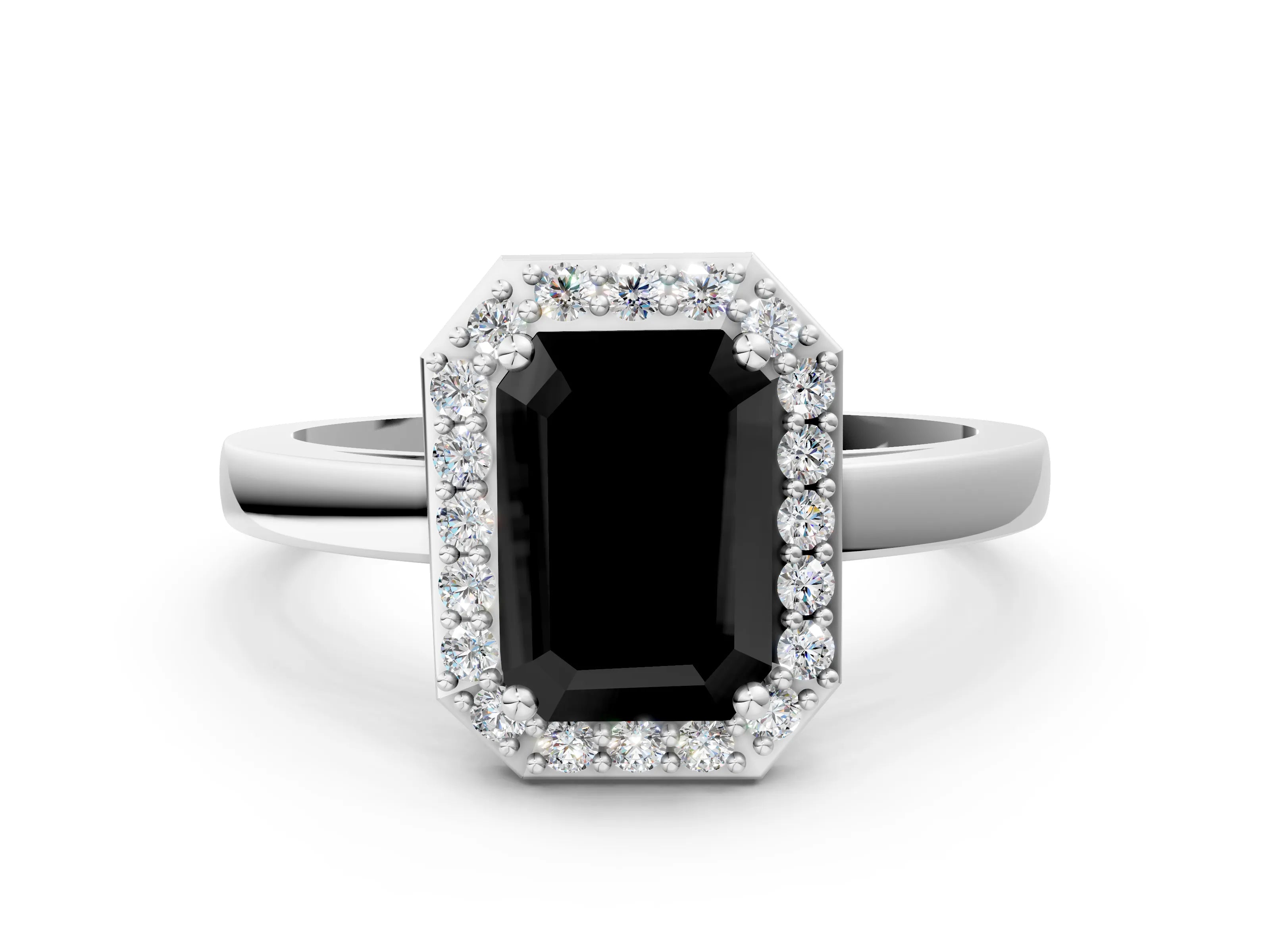 White gold Fancy Black Emerald Cut Halo Diamond Ring with Solitaire Band and Prong Setting_24