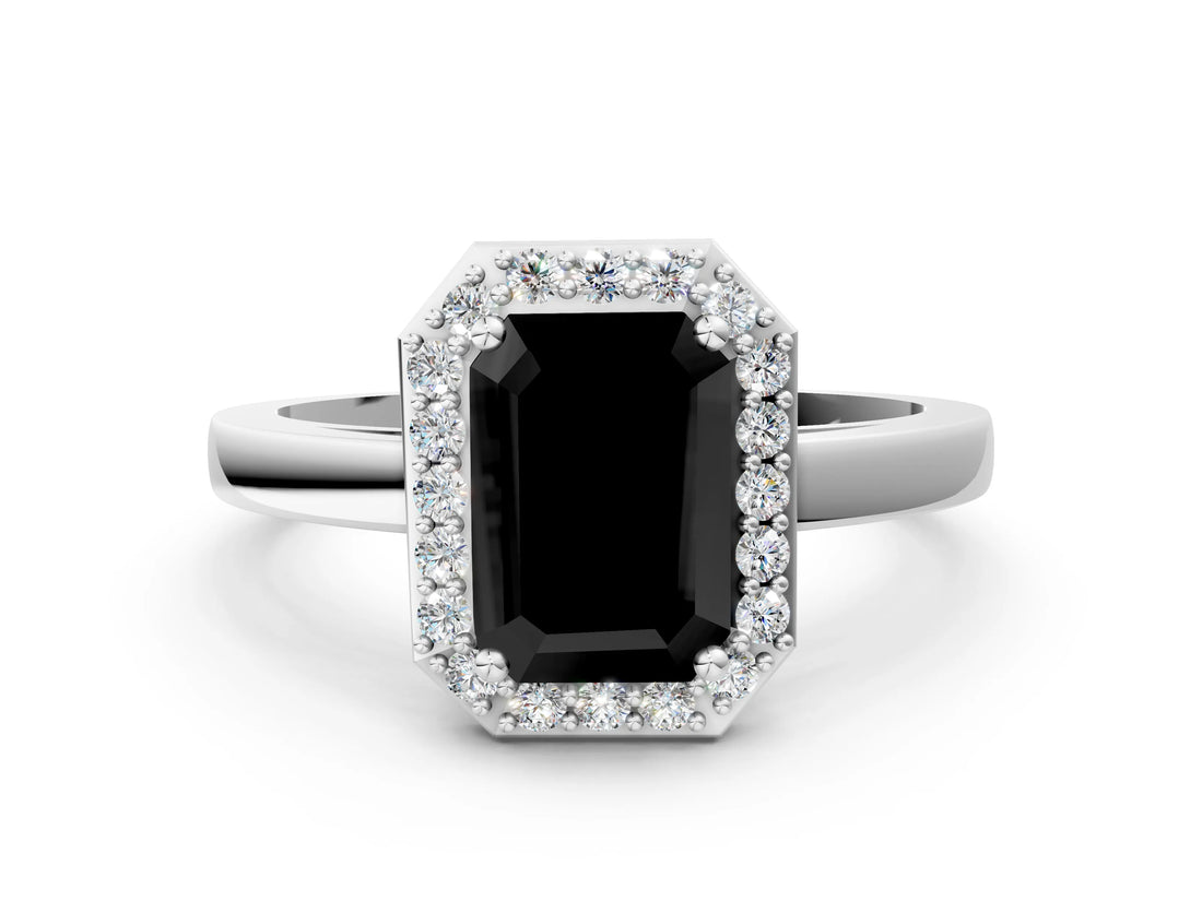 White gold Fancy Black Emerald Cut Halo Diamond Ring with Solitaire Band and Prong Setting_24