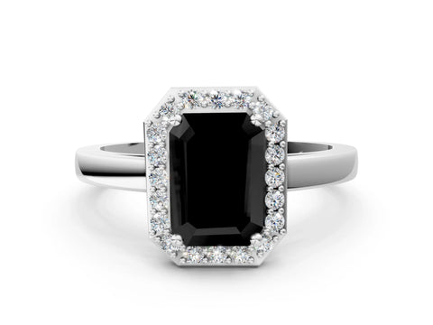 White gold Fancy Black Emerald Cut Halo Diamond Ring with Solitaire Band and Prong Setting_24