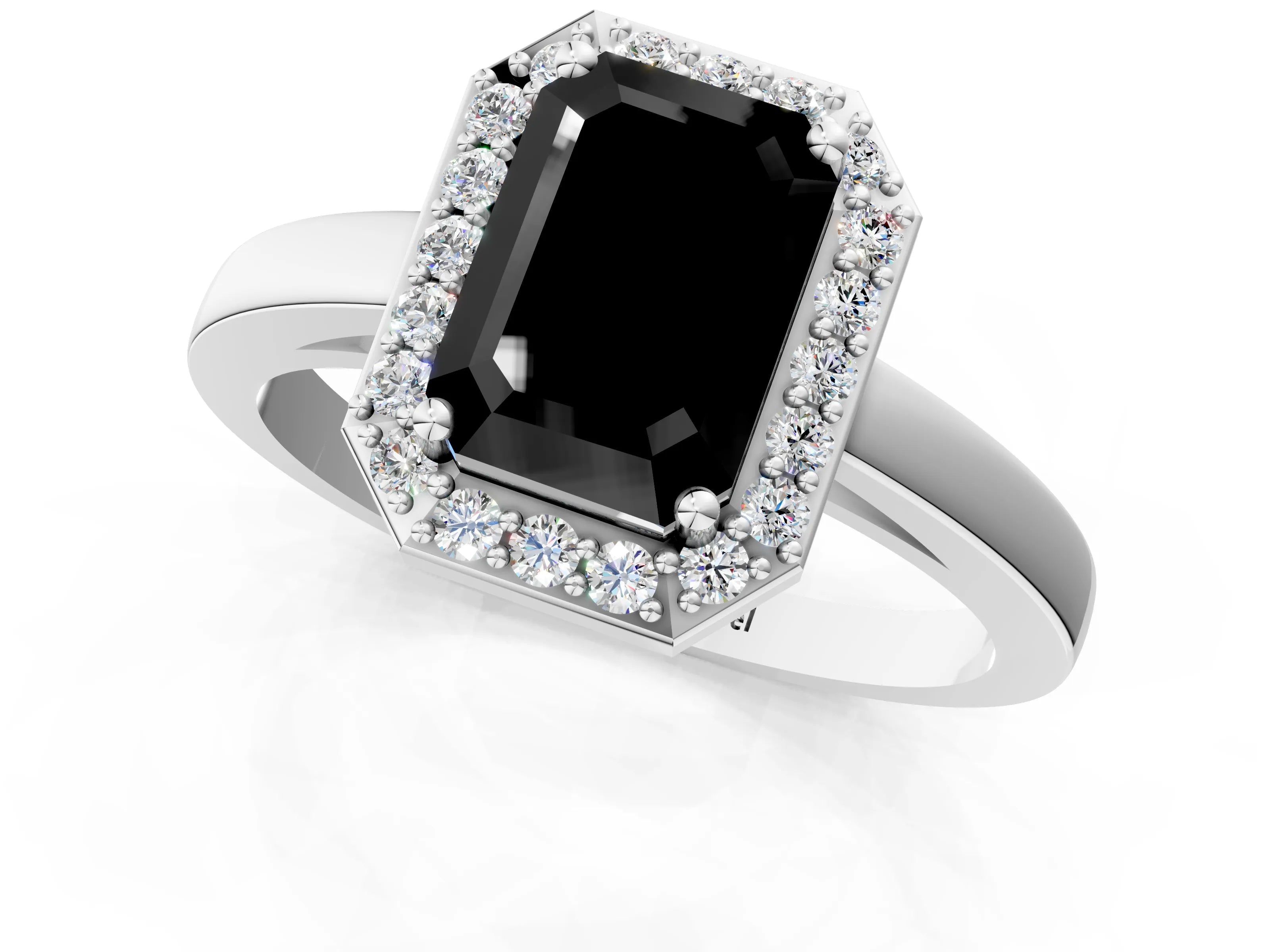White gold Fancy Black Emerald Cut Halo Diamond Ring with Solitaire Band and Prong Setting_25
