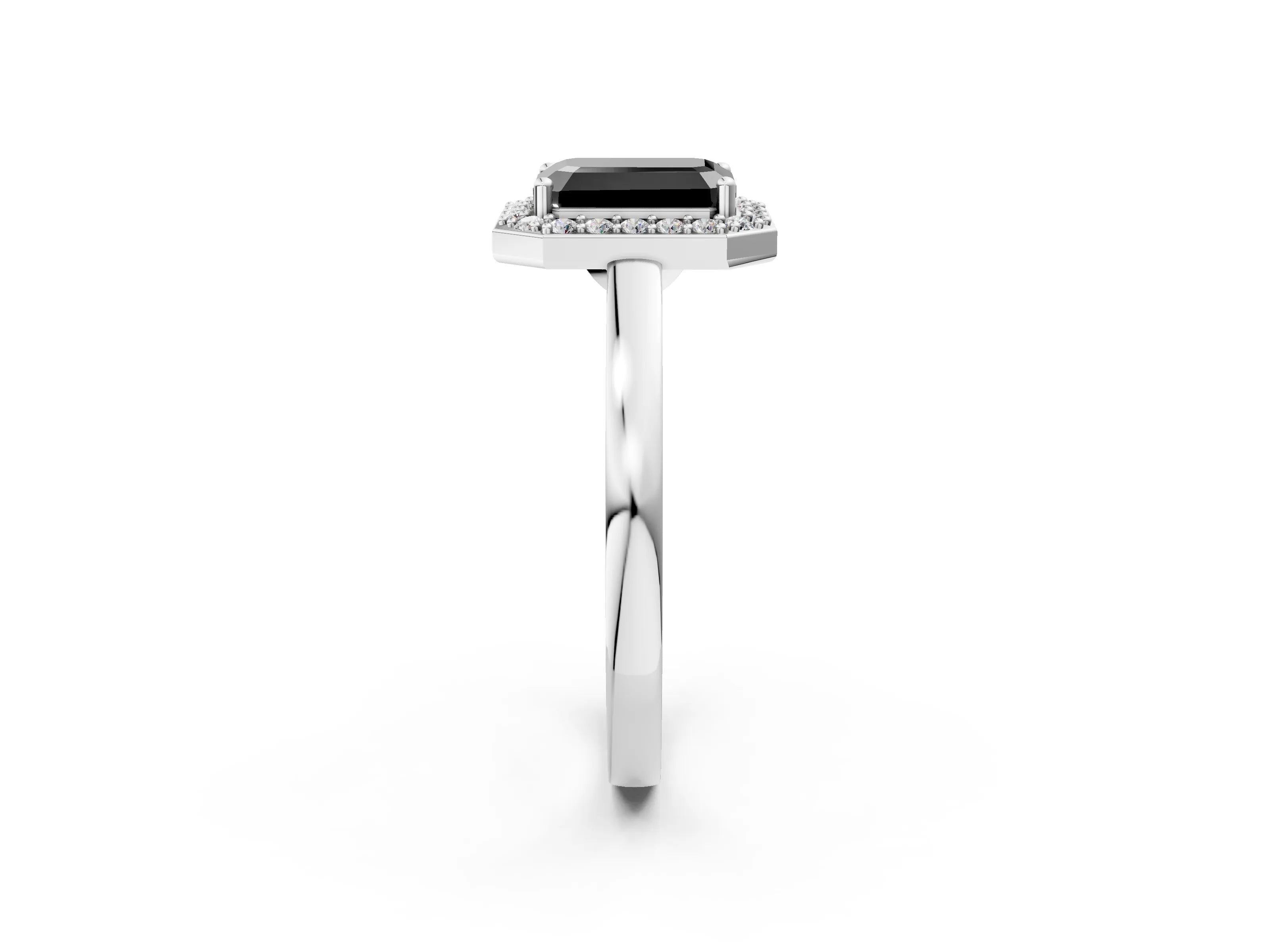 White gold Fancy Black Emerald Cut Halo Diamond Ring with Solitaire Band and Prong Setting_26
