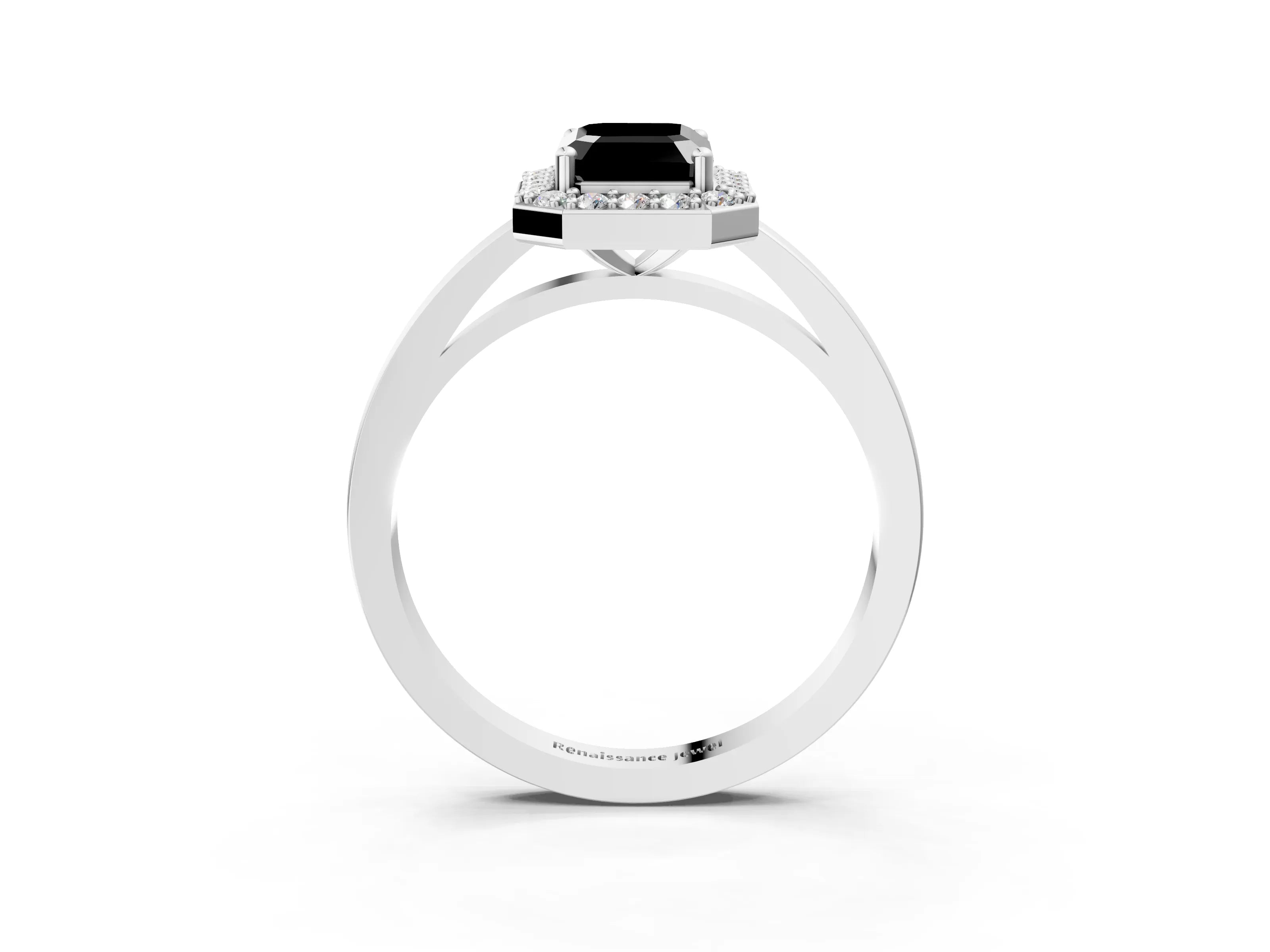 White gold Fancy Black Emerald Cut Halo Diamond Ring with Solitaire Band and Prong Setting_27