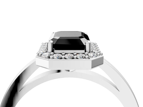 White gold Fancy Black Emerald Cut Halo Diamond Ring with Solitaire Band and Prong Setting_28