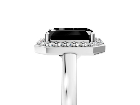 White gold Fancy Black Emerald Cut Halo Diamond Ring with Solitaire Band and Prong Setting_29