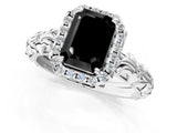 White gold Fancy Black Emerald Cut Halo Diamond Solitaire with Filigree Band and Four-Prong Setting_1