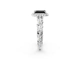 White gold Fancy Black Emerald Cut Halo Diamond Solitaire with Filigree Band and Four-Prong Setting_2