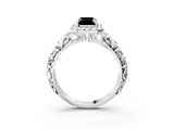 White gold Fancy Black Emerald Cut Halo Diamond Solitaire with Filigree Band and Four-Prong Setting_3