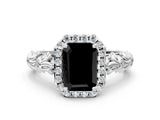 White gold Fancy Black Emerald Cut Halo Diamond Solitaire with Filigree Band and Four-Prong Setting