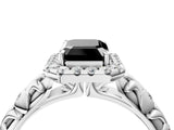 White gold Fancy Black Emerald Cut Halo Diamond Solitaire with Filigree Band and Four-Prong Setting_4