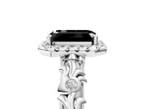 White gold Fancy Black Emerald Cut Halo Diamond Solitaire with Filigree Band and Four-Prong Setting_5