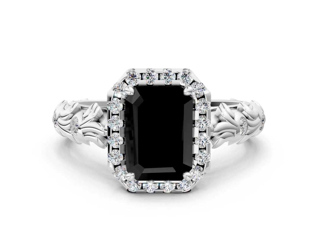 White gold Fancy Black Emerald Cut Halo Diamond Solitaire with Filigree Band and Four-Prong Setting