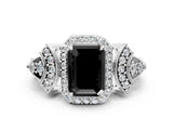 White gold Fancy Black Emerald Cut Halo Diamond Split Shank Engagement Ring with Four-Prong Setting
