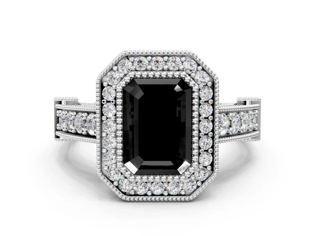 White gold Fancy Black Emerald Cut Halo Diamond Split Shank Pave Ring
