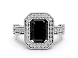 White gold Fancy Black Emerald Cut Halo Diamond Split Shank Pave Ring