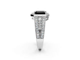 White gold Fancy Black Emerald Cut Halo Diamond Split Shank Ring with Prong Setting_2