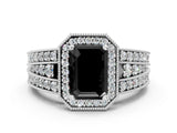White gold Fancy Black Emerald Cut Halo Diamond Split Shank Ring with Prong Setting