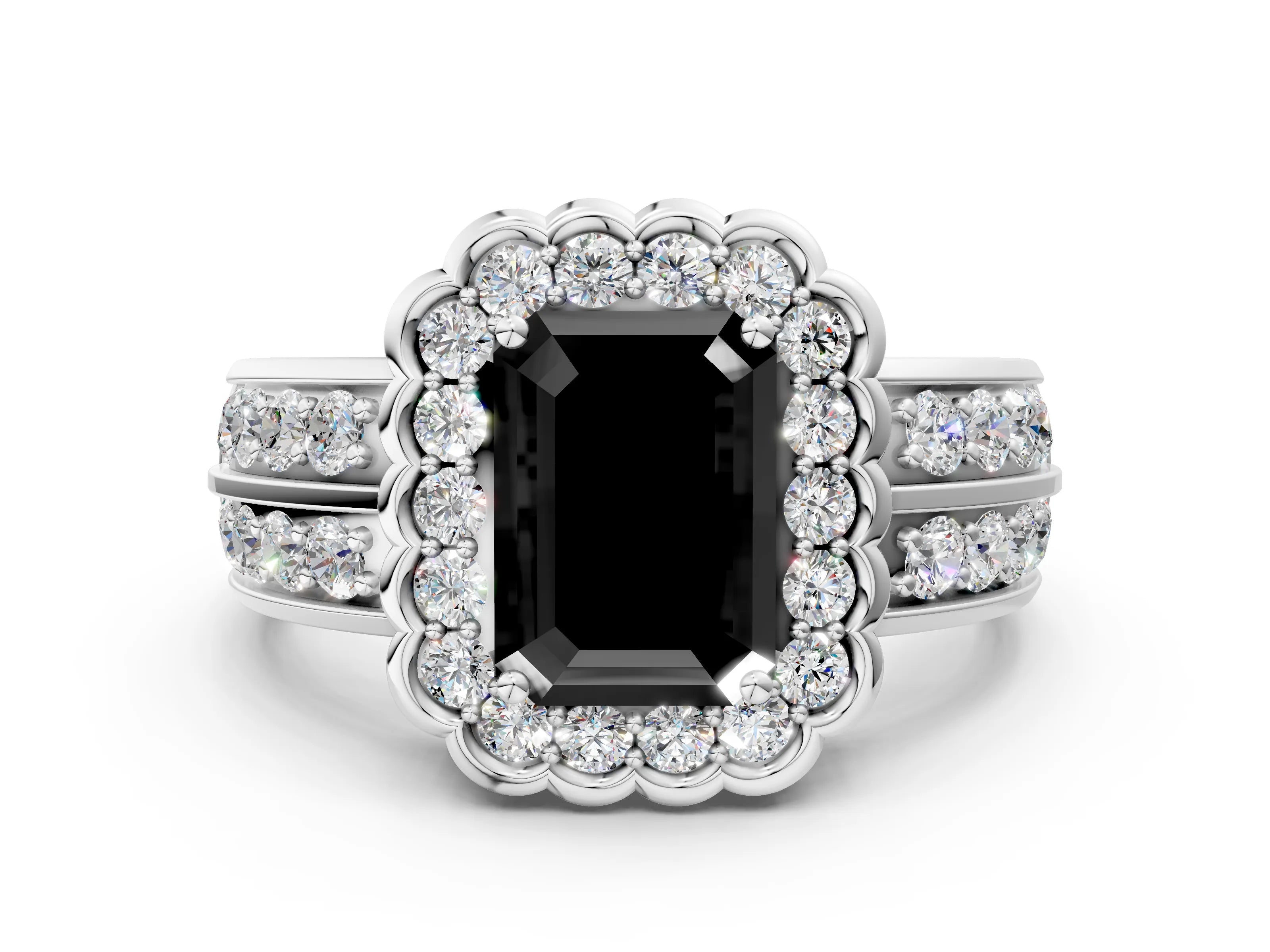 White gold Fancy Black Emerald Cut Halo Diamond Split Shank Ring with Scalloped Prong Setting_12