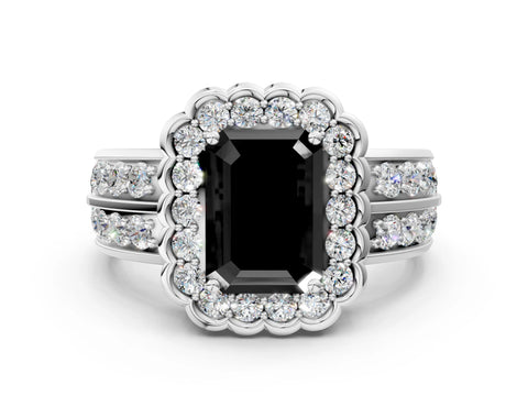 White gold Fancy Black Emerald Cut Halo Diamond Split Shank Ring with Scalloped Prong Setting_12