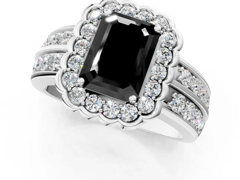 White gold Fancy Black Emerald Cut Halo Diamond Split Shank Ring with Scalloped Prong Setting_13