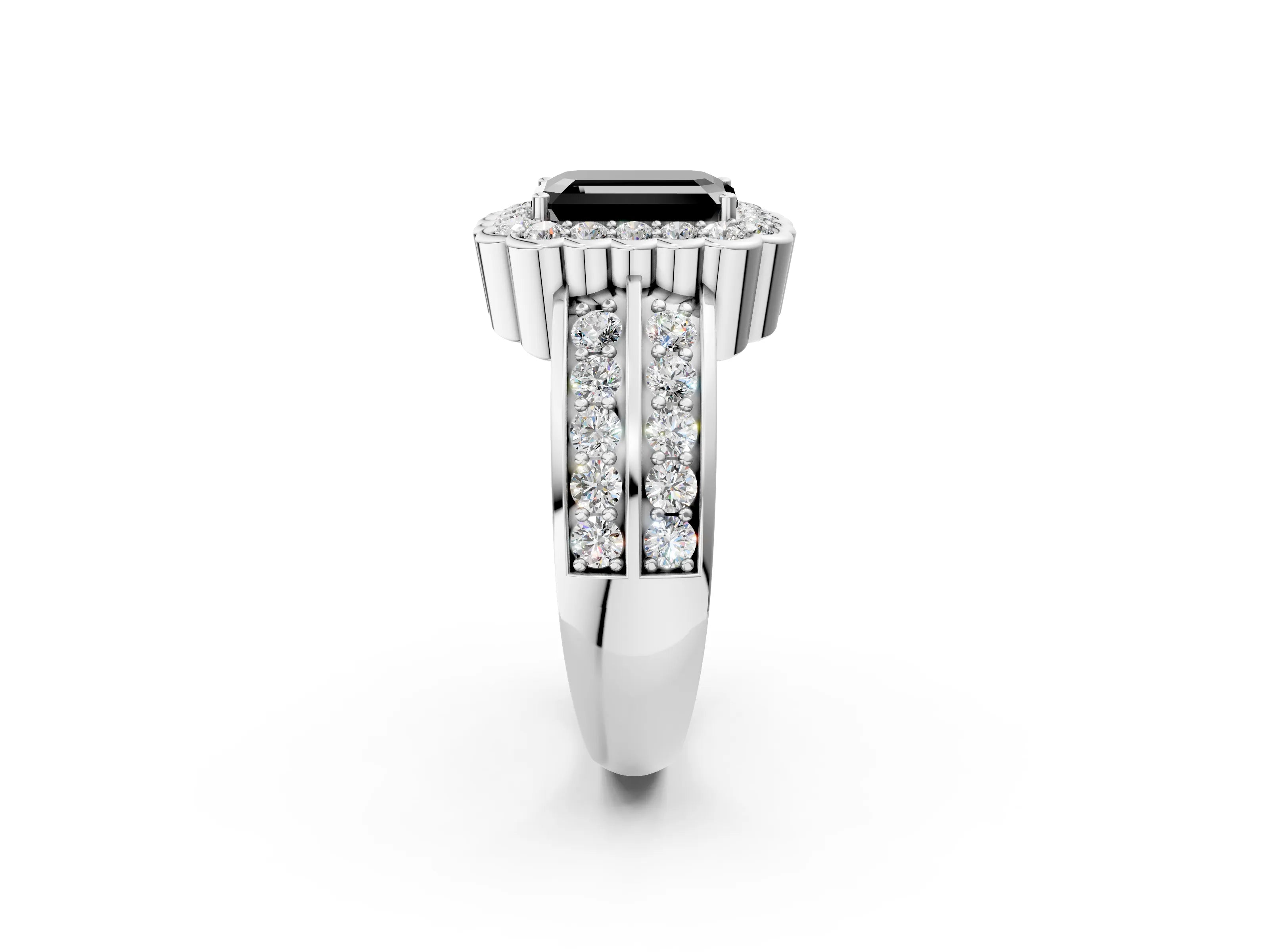 White gold Fancy Black Emerald Cut Halo Diamond Split Shank Ring with Scalloped Prong Setting_14
