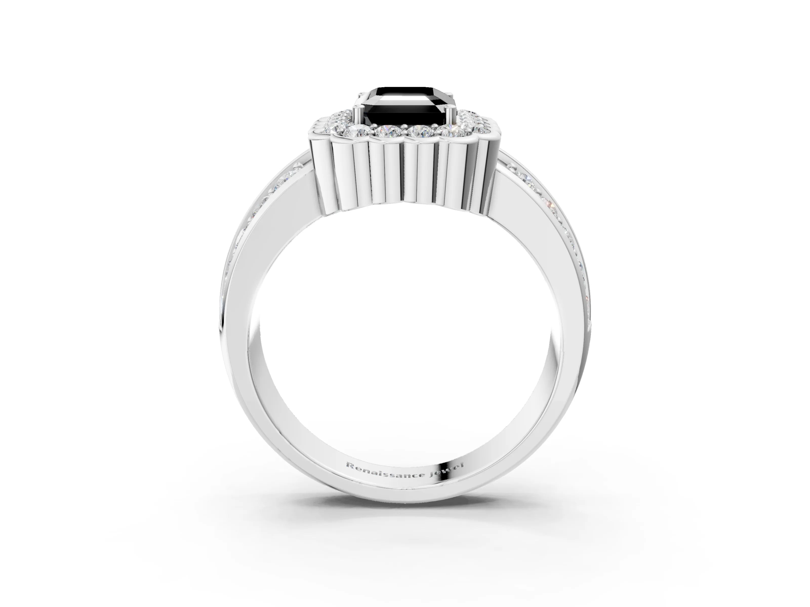 White gold Fancy Black Emerald Cut Halo Diamond Split Shank Ring with Scalloped Prong Setting_15