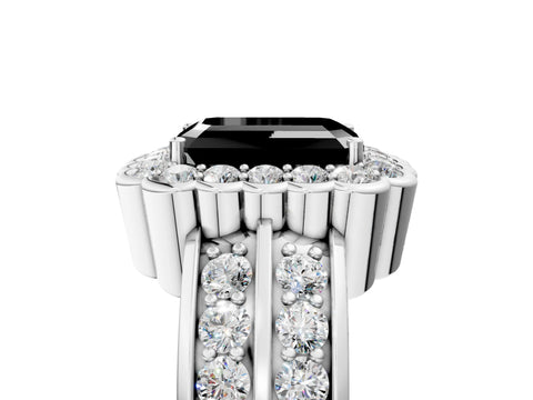 White gold Fancy Black Emerald Cut Halo Diamond Split Shank Ring with Scalloped Prong Setting_17
