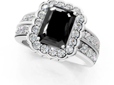 White gold Fancy Black Emerald Cut Halo Diamond Split Shank Ring with Scalloped Prong Setting_19