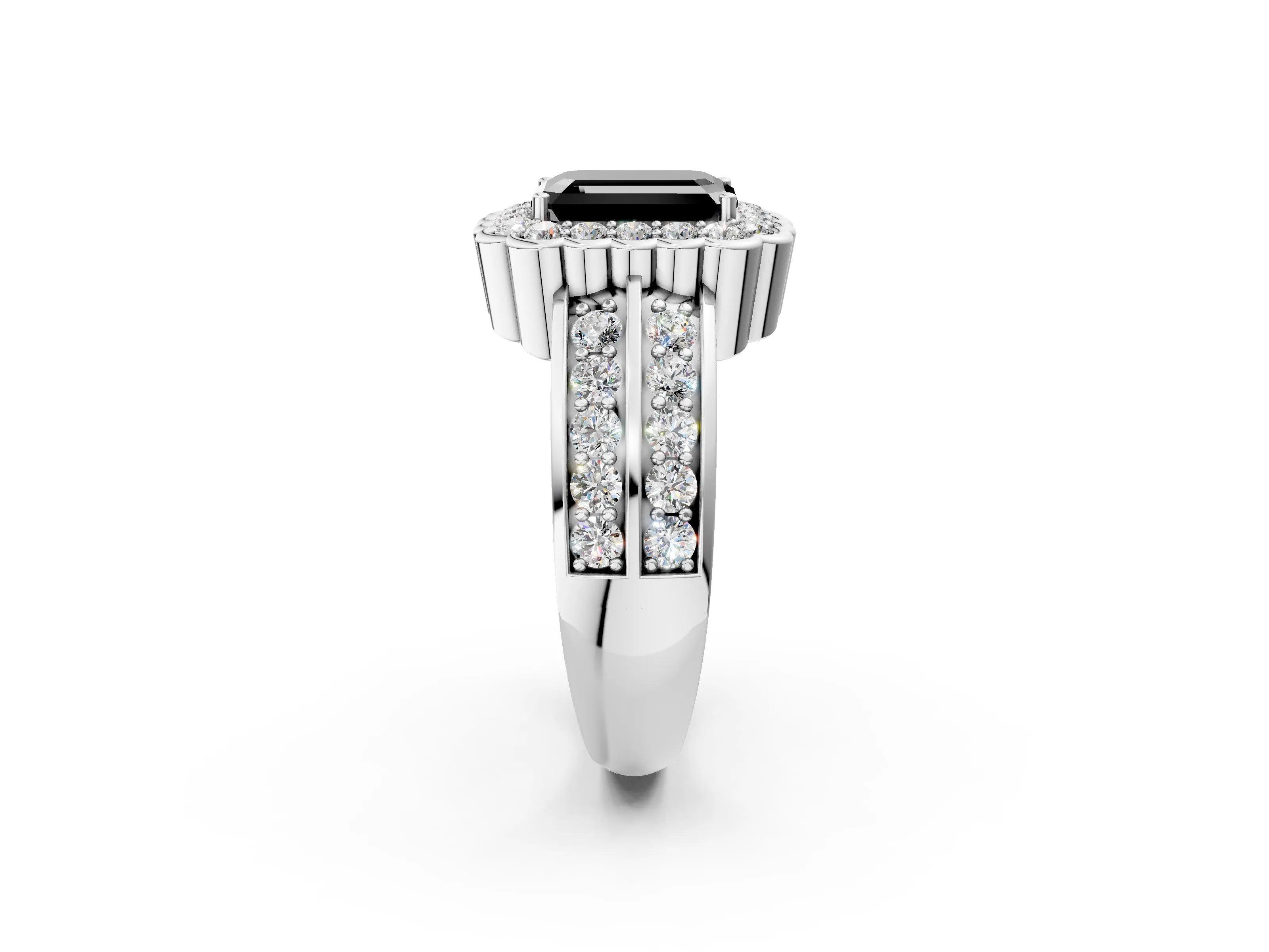White gold Fancy Black Emerald Cut Halo Diamond Split Shank Ring with Scalloped Prong Setting_20