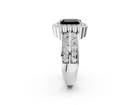 White gold Fancy Black Emerald Cut Halo Diamond Split Shank Ring with Scalloped Prong Setting_20