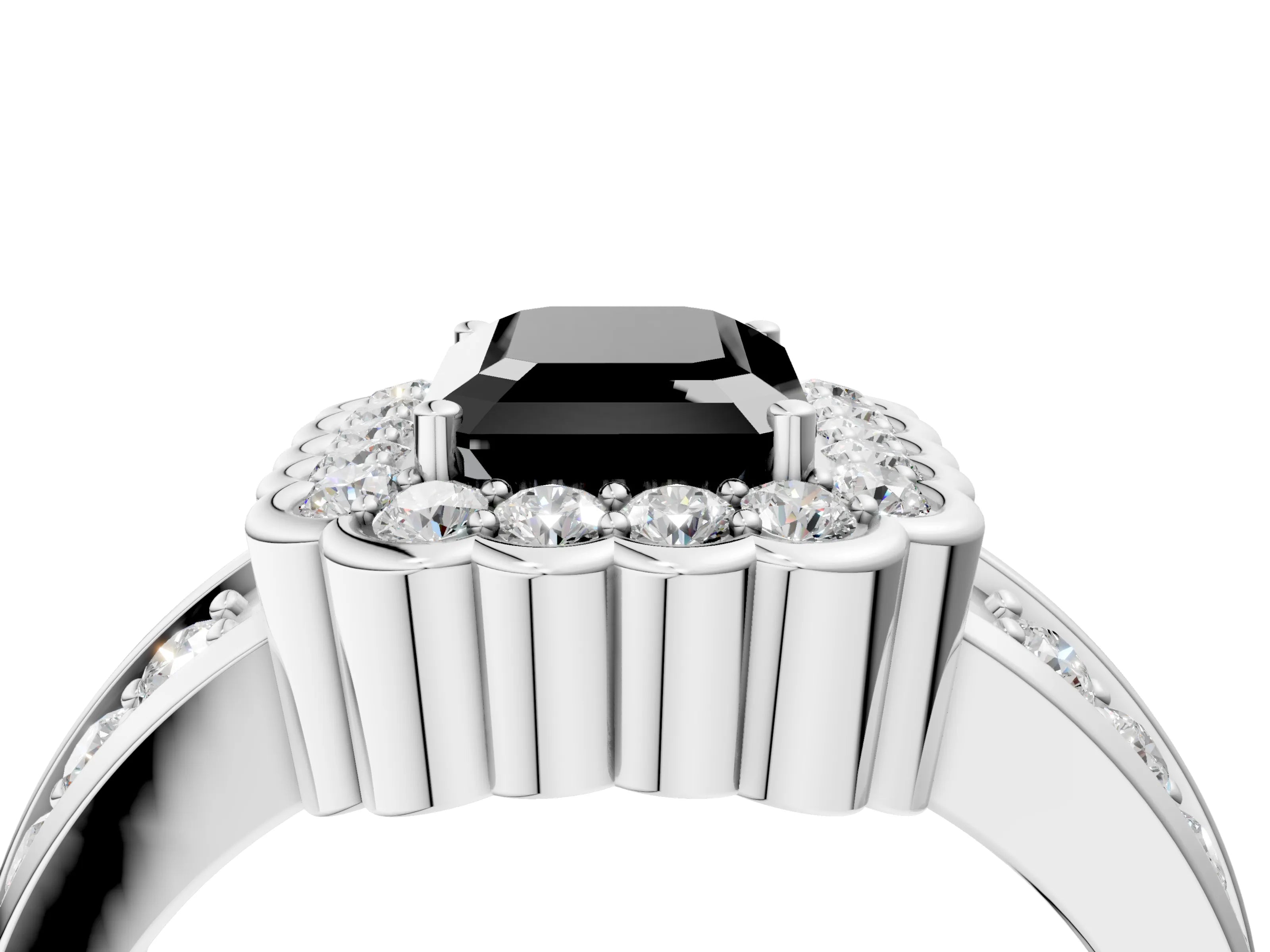 White gold Fancy Black Emerald Cut Halo Diamond Split Shank Ring with Scalloped Prong Setting_22