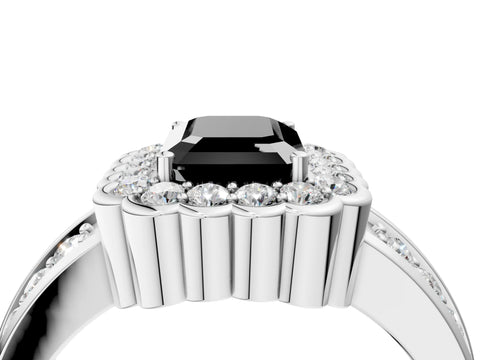 White gold Fancy Black Emerald Cut Halo Diamond Split Shank Ring with Scalloped Prong Setting_22