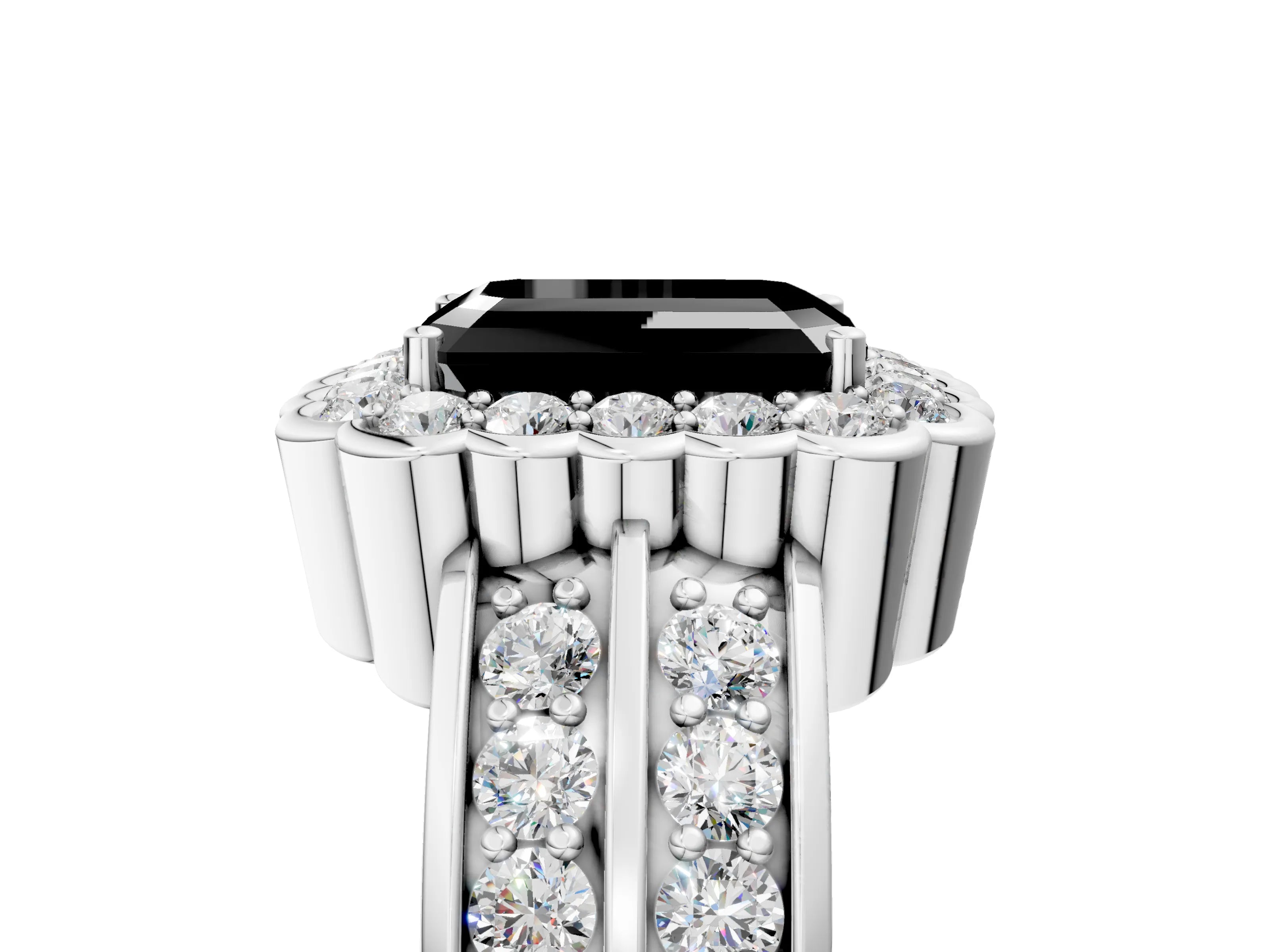 White gold Fancy Black Emerald Cut Halo Diamond Split Shank Ring with Scalloped Prong Setting_23