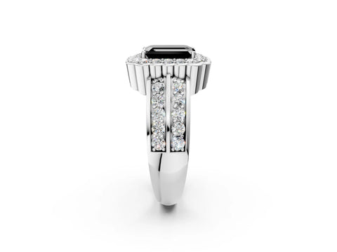 White gold Fancy Black Emerald Cut Halo Diamond Split Shank Ring with Scalloped Prong Setting_2
