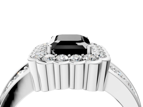 White gold Fancy Black Emerald Cut Halo Diamond Split Shank Ring with Scalloped Prong Setting_4