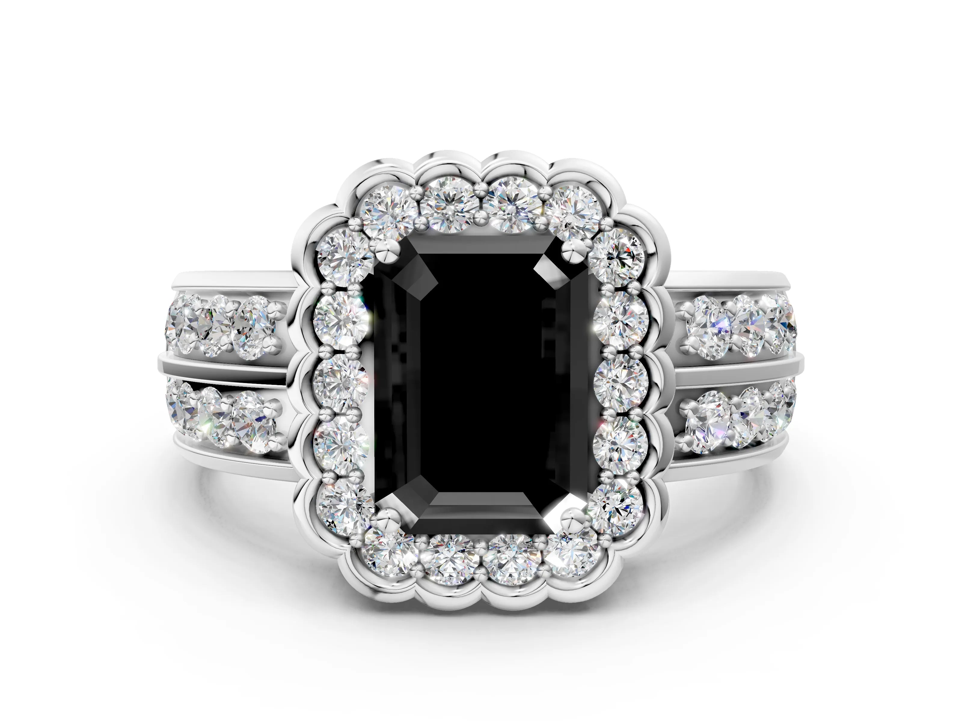 White gold Fancy Black Emerald Cut Halo Diamond Split Shank Ring with Scalloped Prong Setting_6