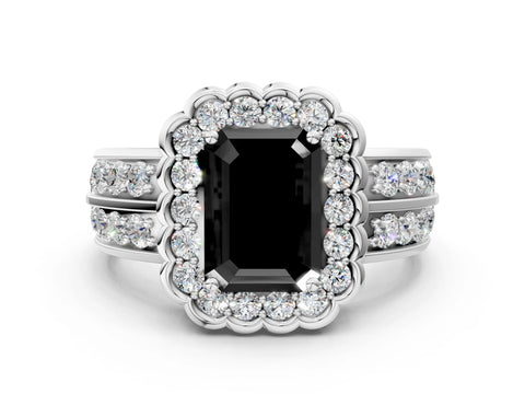 White gold Fancy Black Emerald Cut Halo Diamond Split Shank Ring with Scalloped Prong Setting_6