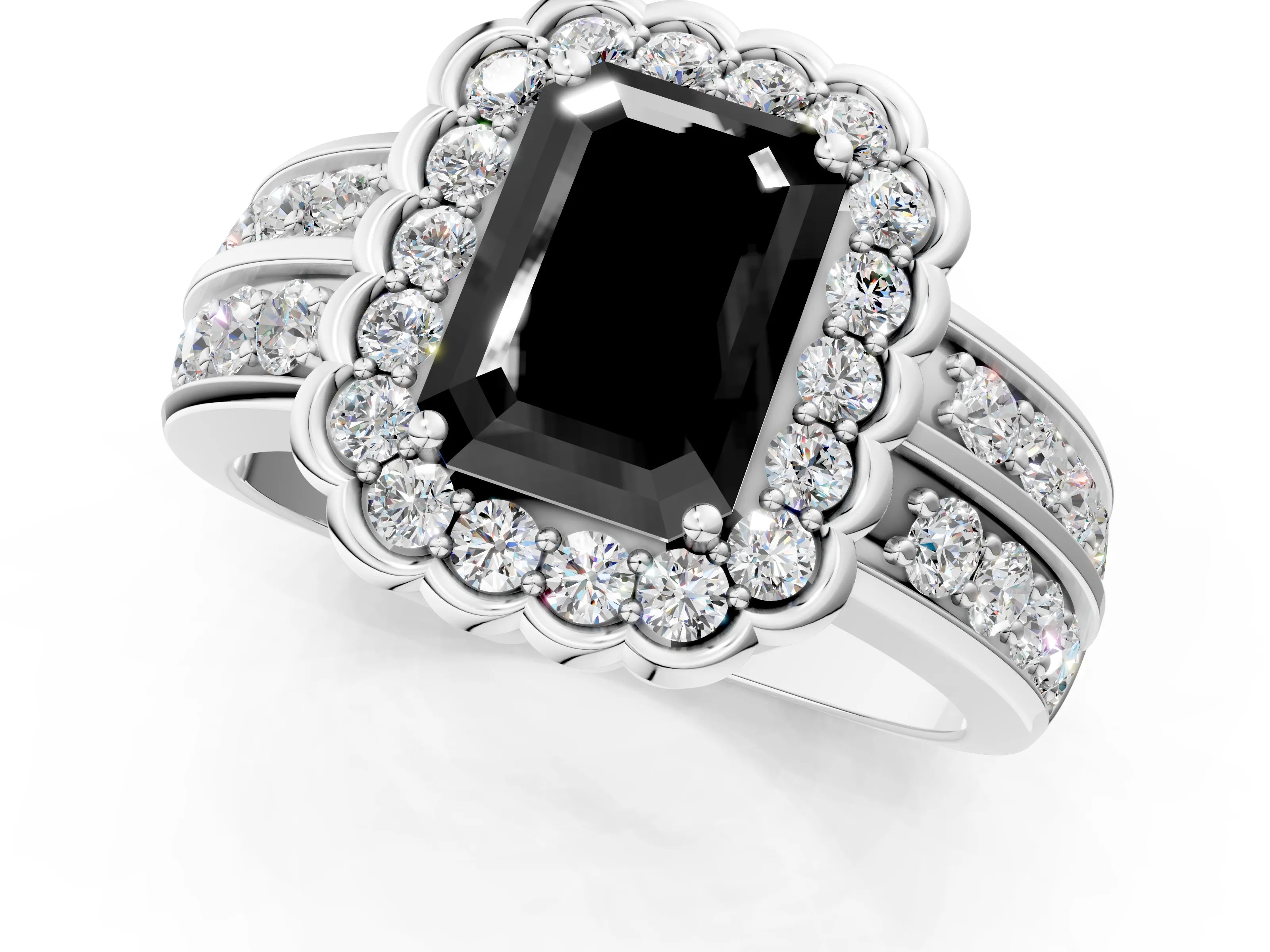 White gold Fancy Black Emerald Cut Halo Diamond Split Shank Ring with Scalloped Prong Setting_7