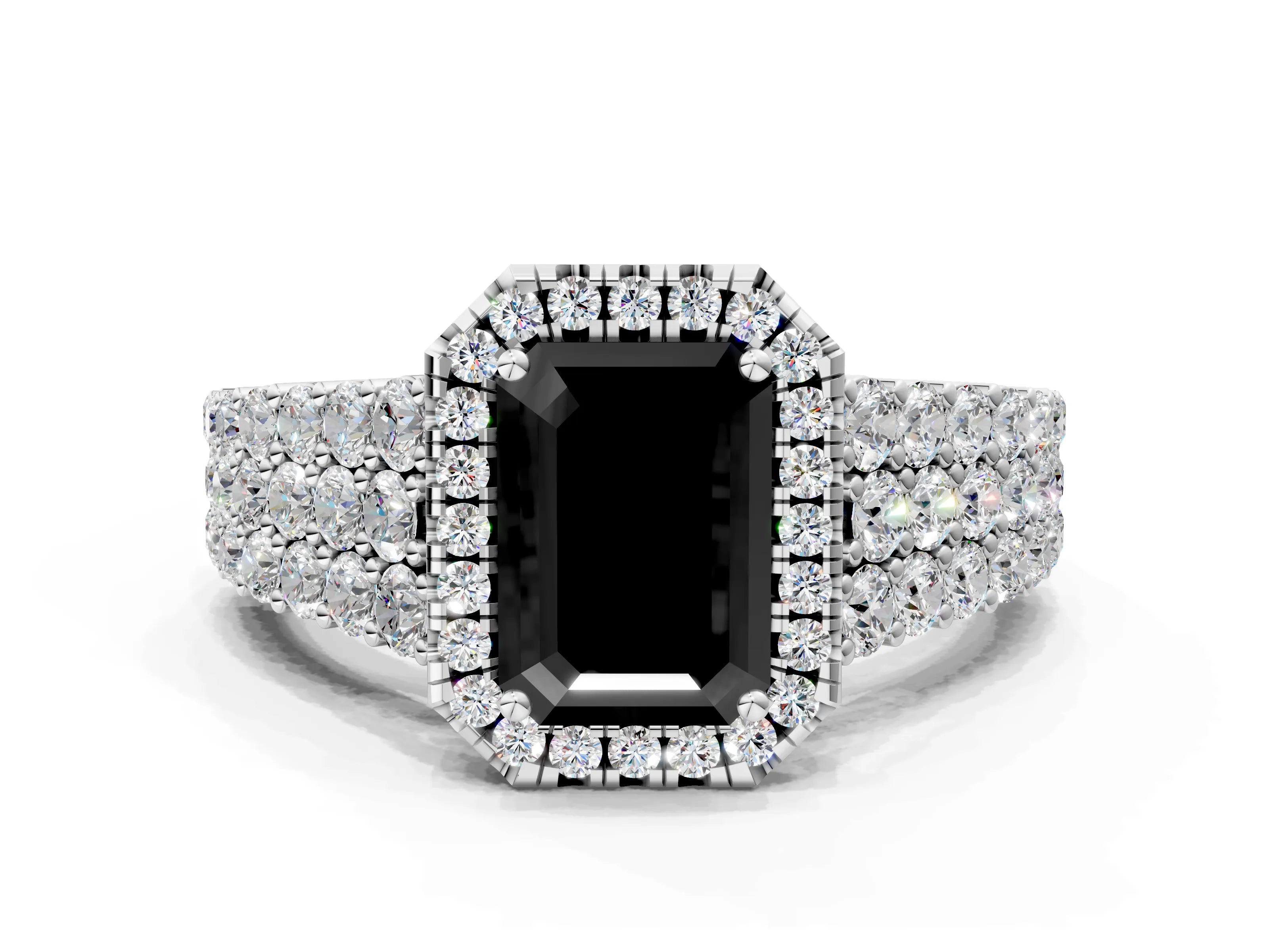 White gold Fancy Black Emerald Cut Halo Pavé Diamond Engagement Ring with Split Shank and Four-Prong Setting_3